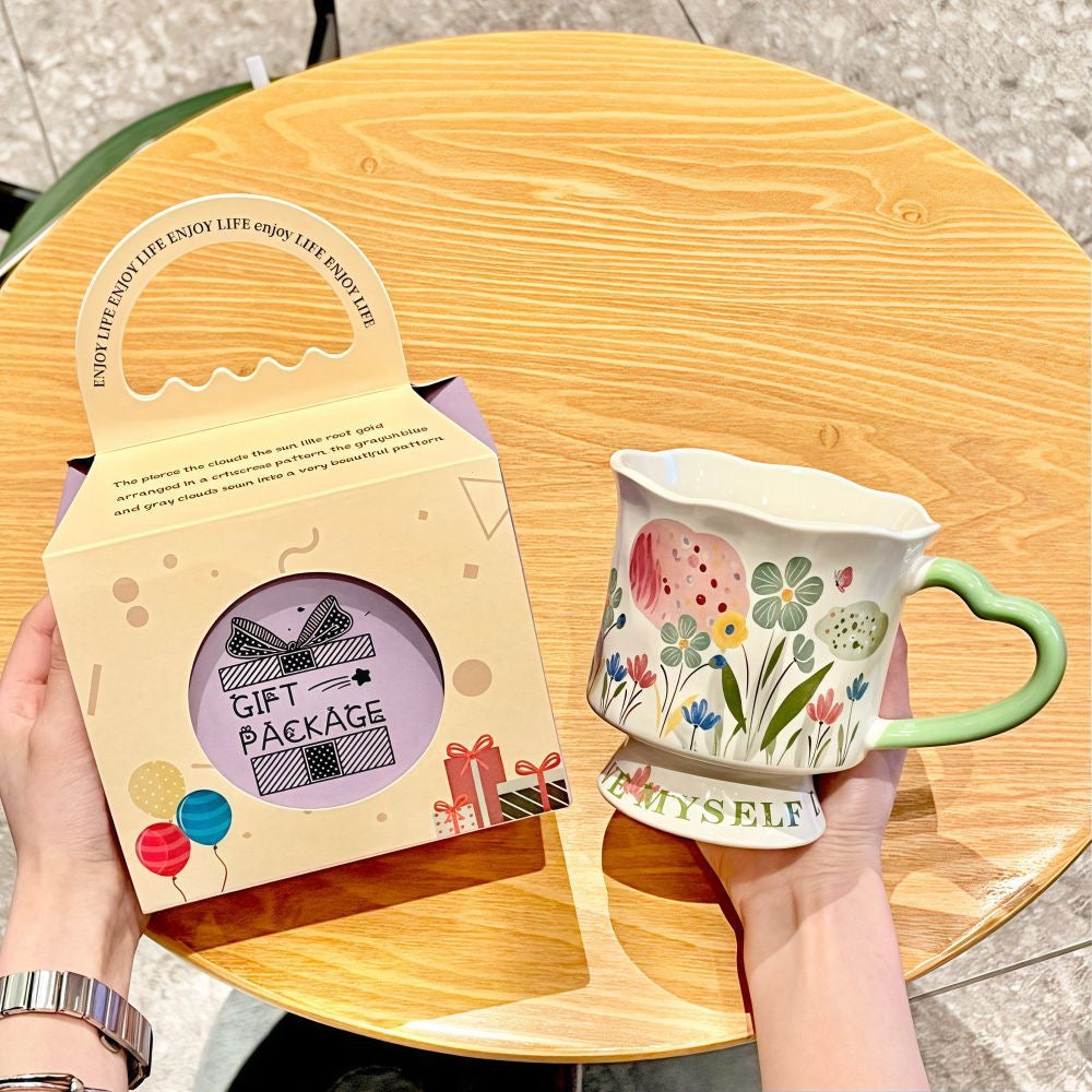 Hand-painted Floral Ceramic Mug, 350ml "LOVE MYSELF" Coffee Cup
