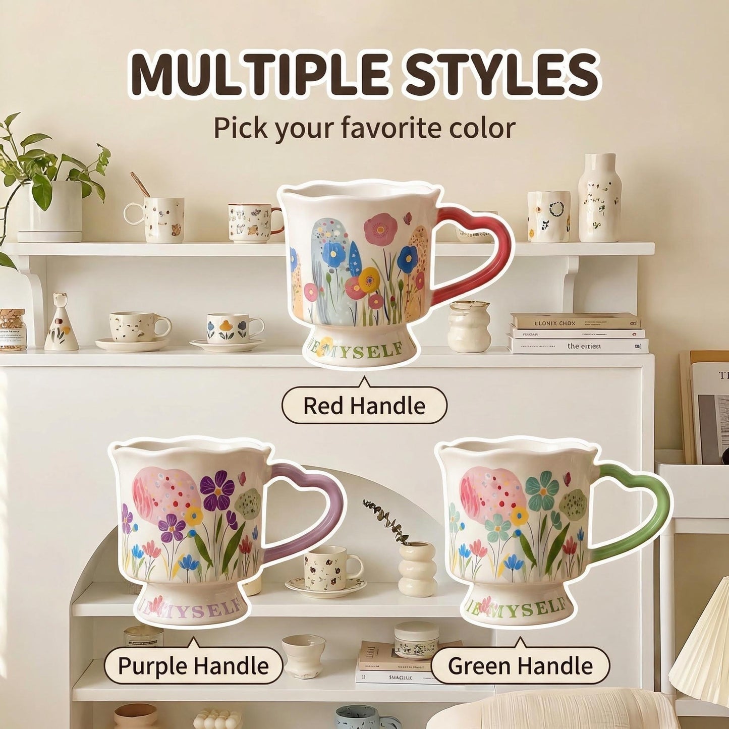Hand-painted Floral Ceramic Mug, 350ml "LOVE MYSELF" Coffee Cup