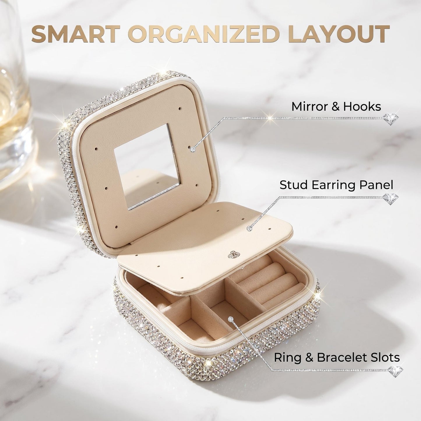 Luxury Bling Rhinestone Jewelry Case| Portable Travel Jewelry Box with Mirror