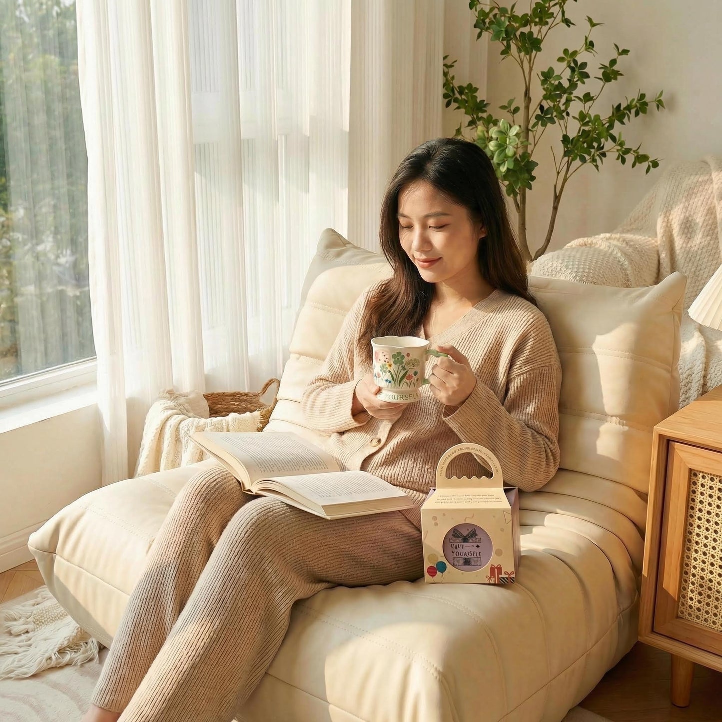 Hand-painted Floral Ceramic Mug, 350ml "LOVE MYSELF" Coffee Cup