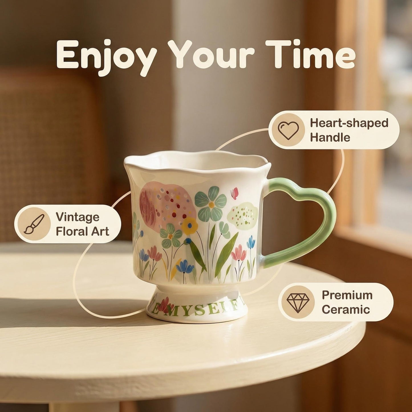 Hand-painted Floral Ceramic Mug, 350ml "LOVE MYSELF" Coffee Cup