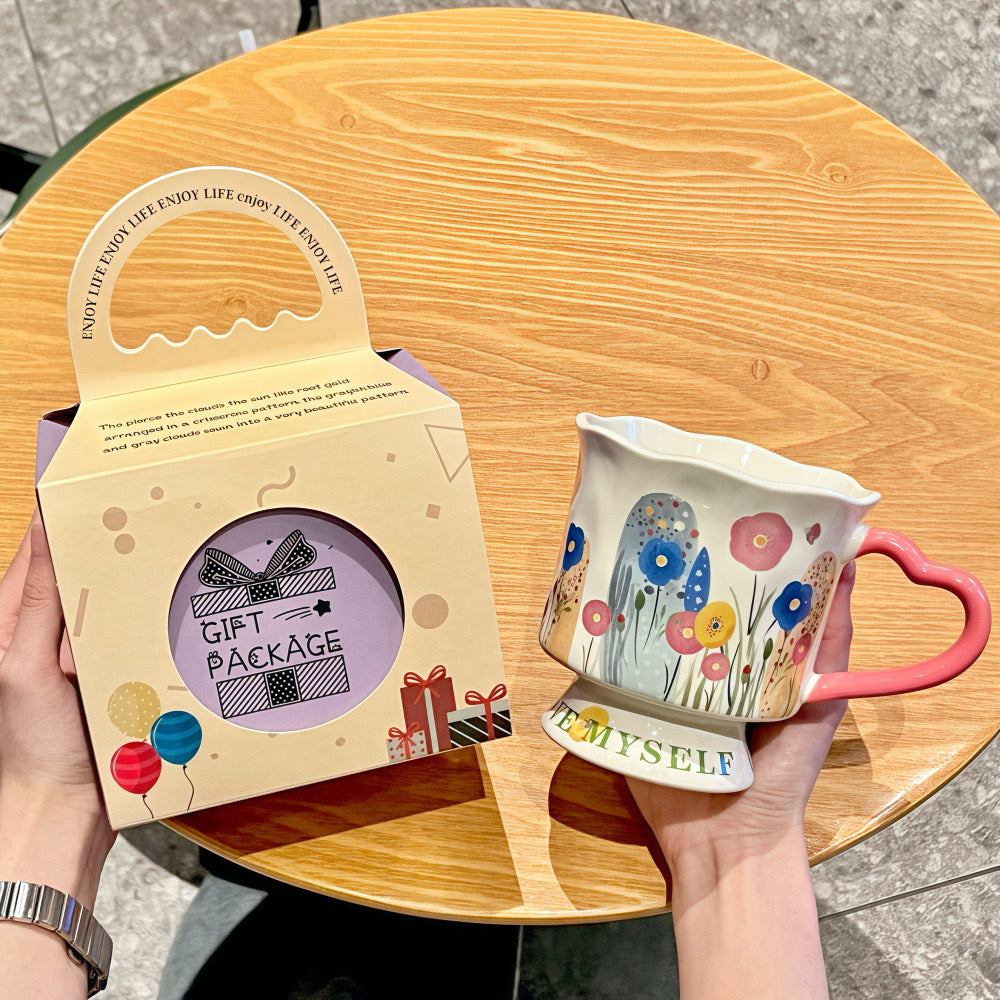 Hand-painted Floral Ceramic Mug, 350ml "LOVE MYSELF" Coffee Cup