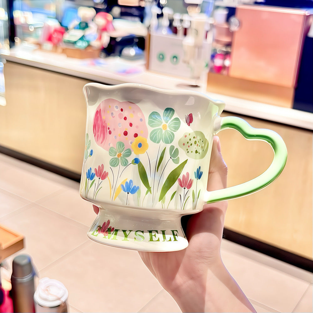 Hand-painted Floral Ceramic Mug, 350ml "LOVE MYSELF" Coffee Cup
