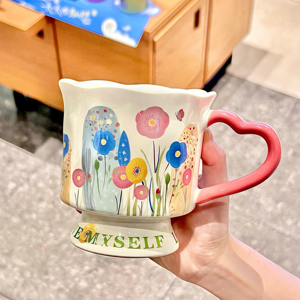 Hand-painted Floral Ceramic Mug, 350ml "LOVE MYSELF" Coffee Cup