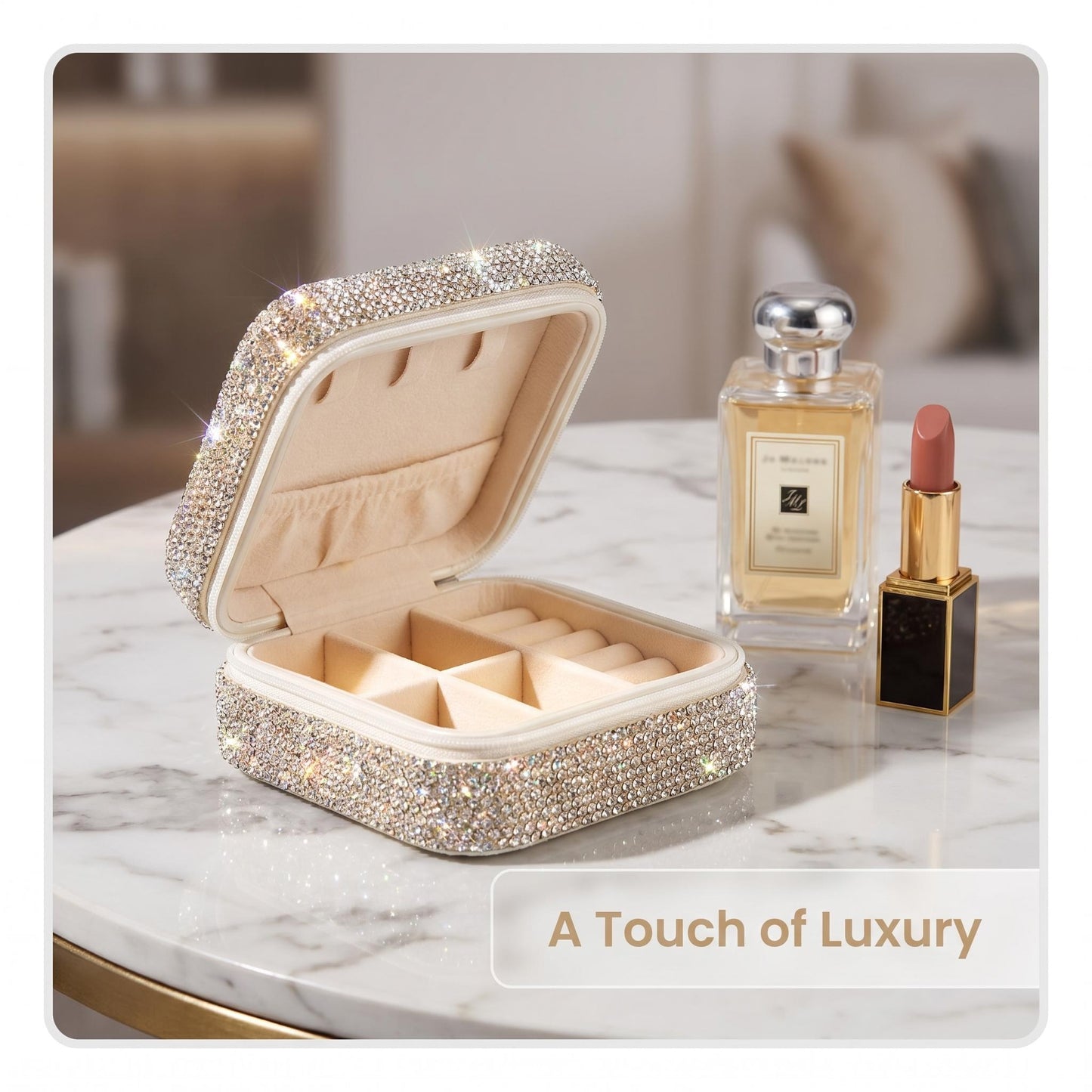 Luxury Bling Rhinestone Jewelry Case| Portable Travel Jewelry Box with Mirror