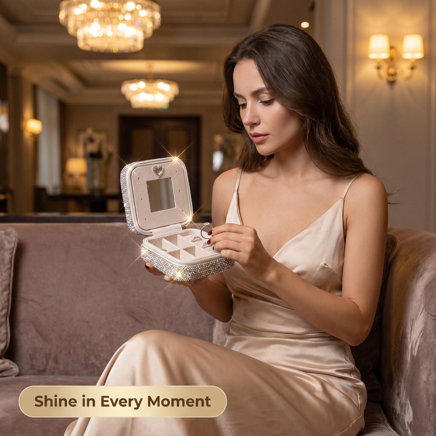 Luxury Bling Rhinestone Jewelry Case| Portable Travel Jewelry Box with Mirror