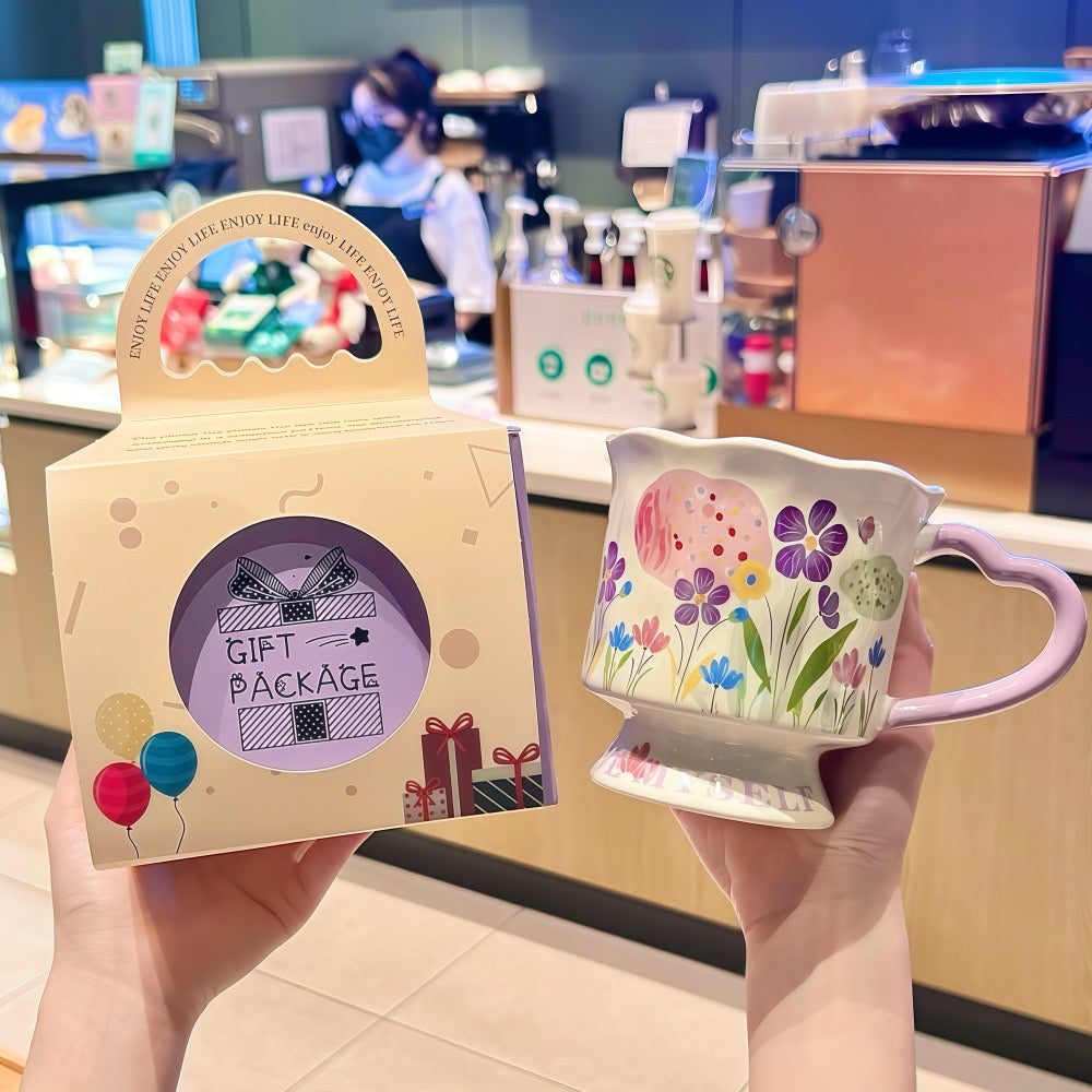 Hand-painted Floral Ceramic Mug, 350ml "LOVE MYSELF" Coffee Cup