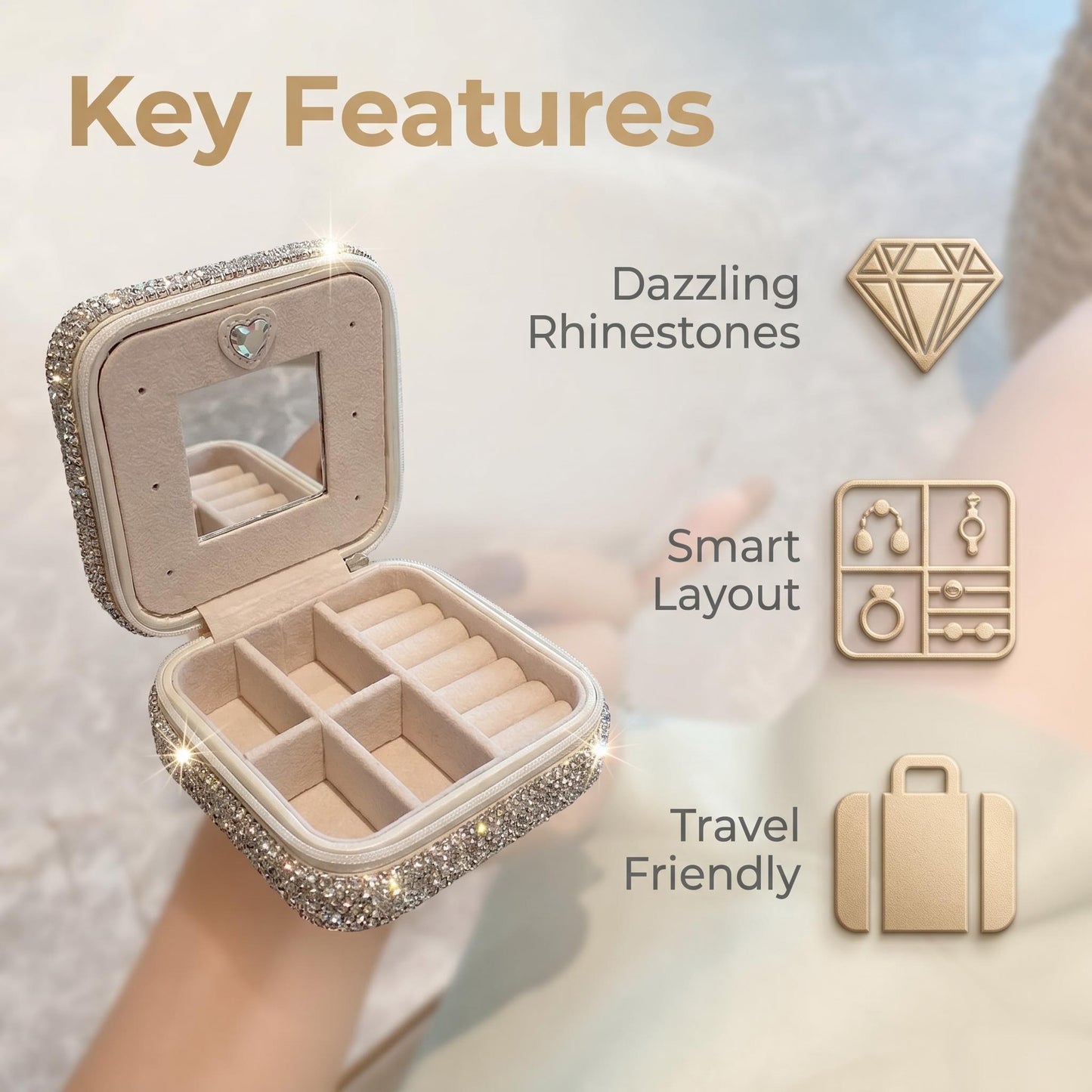 Luxury Bling Rhinestone Jewelry Case| Portable Travel Jewelry Box with Mirror