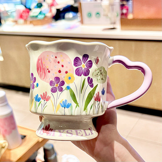 Hand-painted Floral Ceramic Mug, 350ml "LOVE MYSELF" Coffee Cup