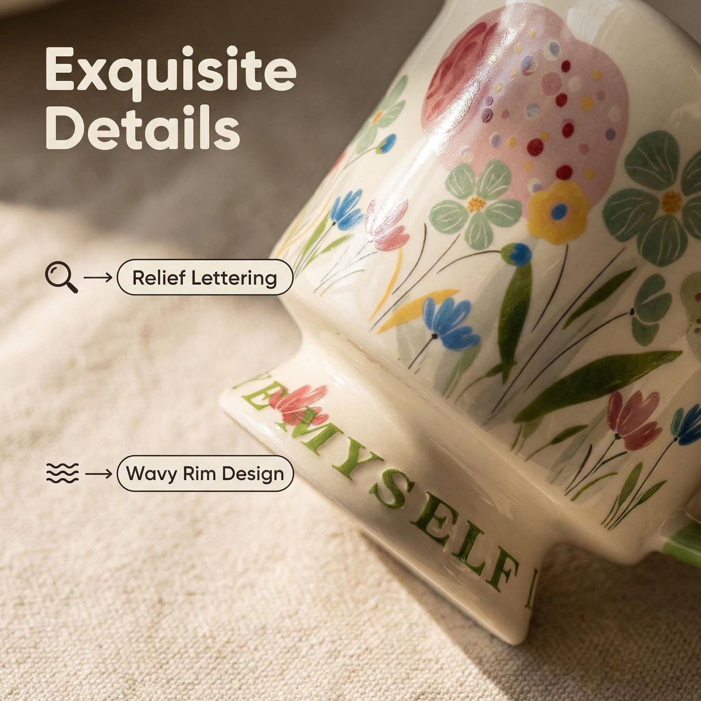 Hand-painted Floral Ceramic Mug, 350ml "LOVE MYSELF" Coffee Cup