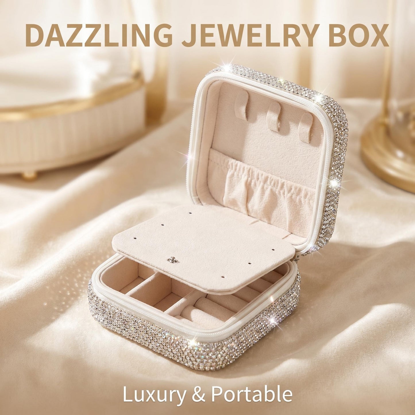 Luxury Bling Rhinestone Jewelry Case| Portable Travel Jewelry Box with Mirror