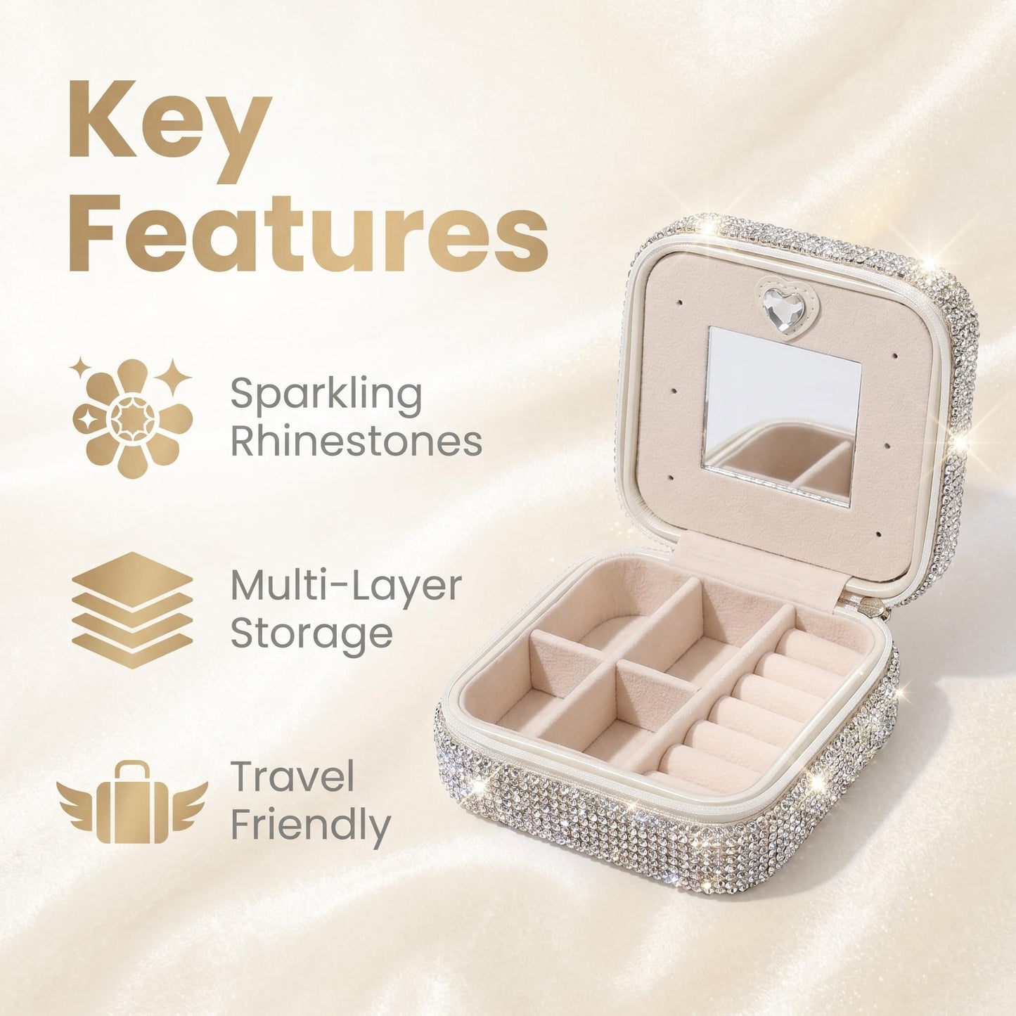 Luxury Bling Rhinestone Jewelry Case| Portable Travel Jewelry Box with Mirror